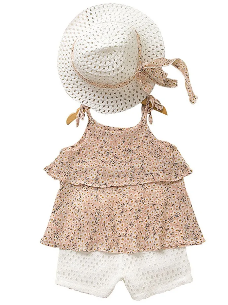 3-Piece Outfits Little Big Girl Floral Tie Top White Shorts  Hat