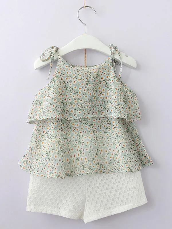3-Piece Outfits Little Big Girl Floral Tie Top White Shorts  Hat