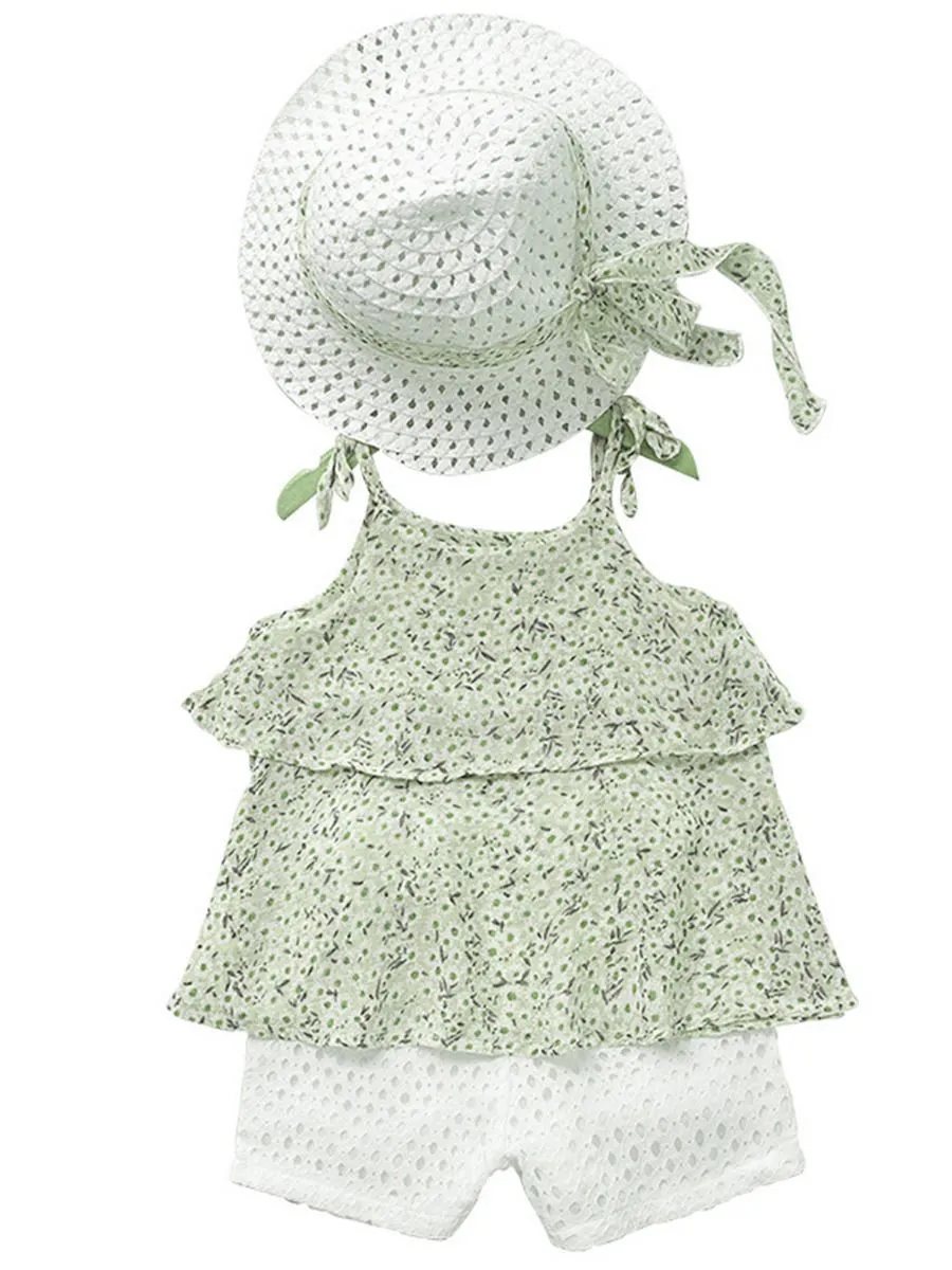 3-Piece Outfits Little Big Girl Floral Tie Top White Shorts  Hat