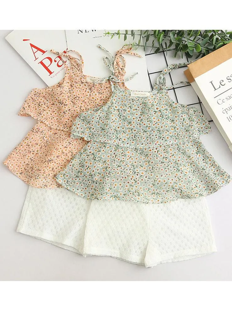 3-Piece Outfits Little Big Girl Floral Tie Top White Shorts  Hat