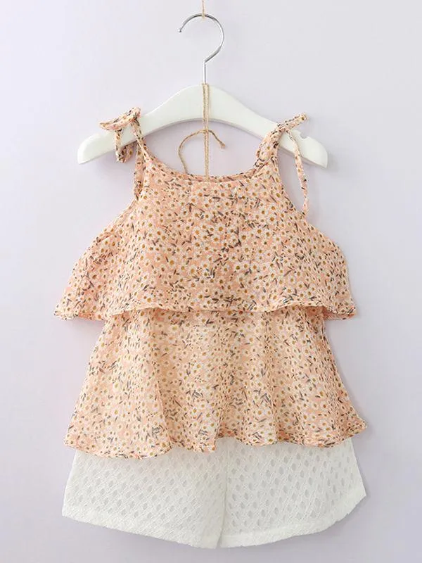 3-Piece Outfits Little Big Girl Floral Tie Top White Shorts  Hat