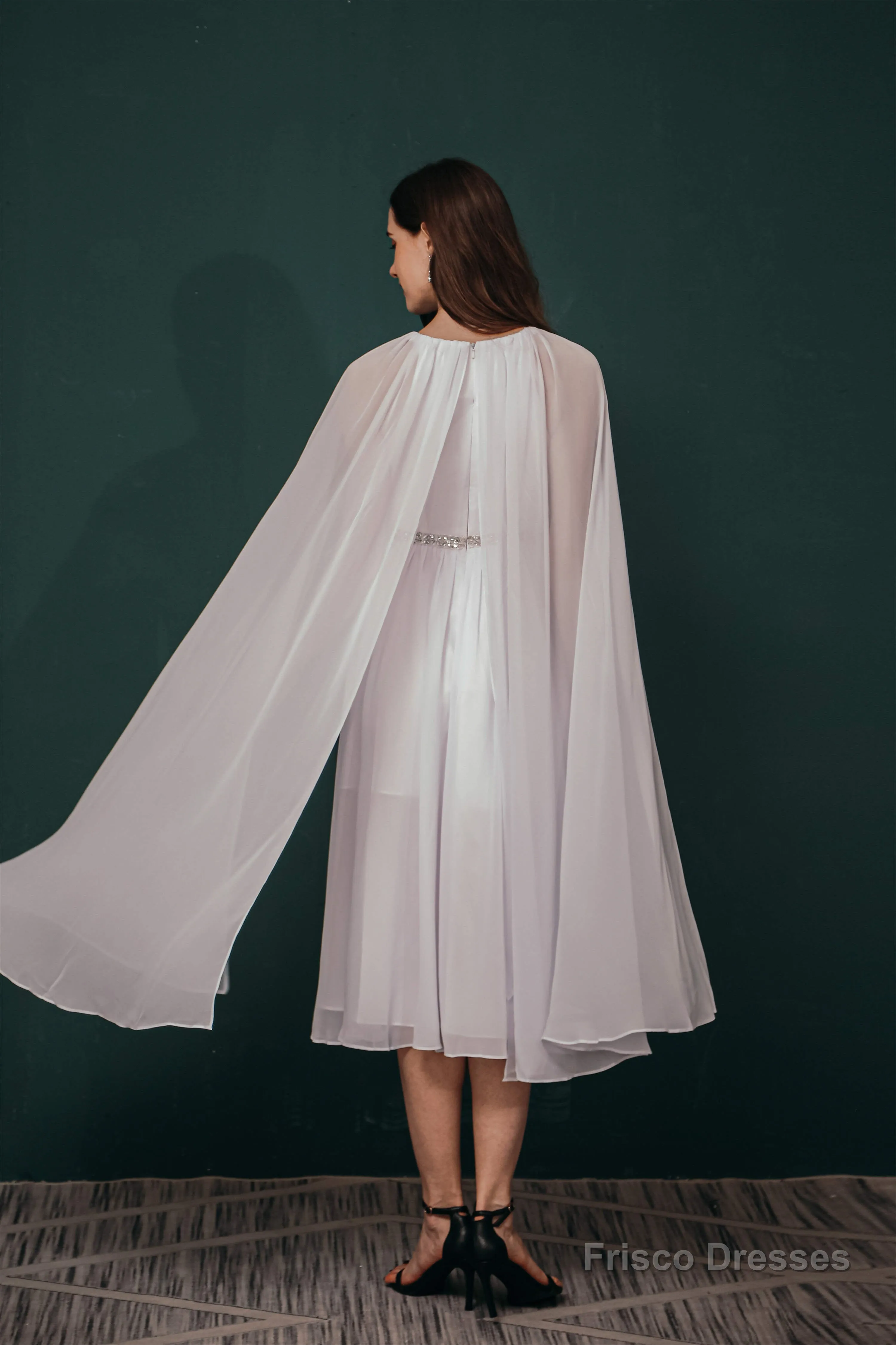 A-Line Crew Tea Length Chiffon Beaded Waist Mother of The Bride Dresses