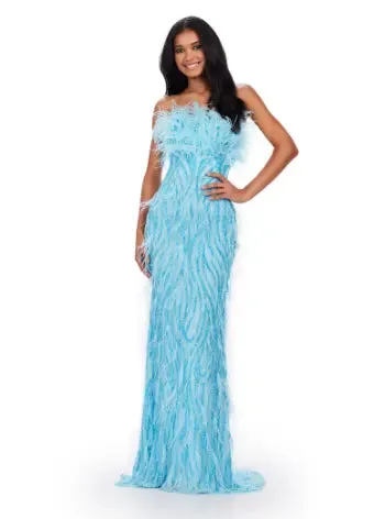 Ashley Lauren 11453 Long Prom Dress Strapless Fully Beaded Gown with Feathers Formal Pageant