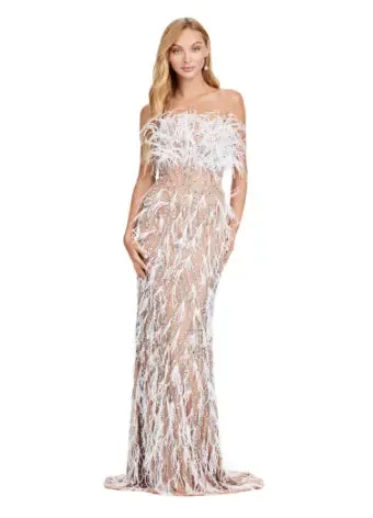 Ashley Lauren 11453 Long Prom Dress Strapless Fully Beaded Gown with Feathers Formal Pageant