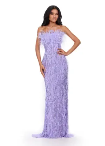 Ashley Lauren 11453 Long Prom Dress Strapless Fully Beaded Gown with Feathers Formal Pageant