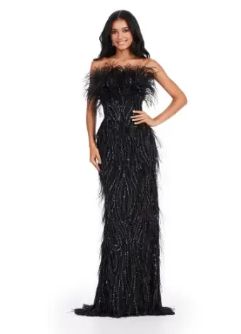 Ashley Lauren 11453 Long Prom Dress Strapless Fully Beaded Gown with Feathers Formal Pageant
