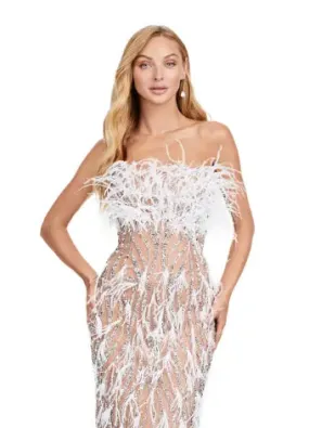Ashley Lauren 11453 Long Prom Dress Strapless Fully Beaded Gown with Feathers Formal Pageant