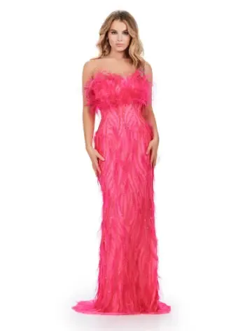 Ashley Lauren 11453 Long Prom Dress Strapless Fully Beaded Gown with Feathers Formal Pageant