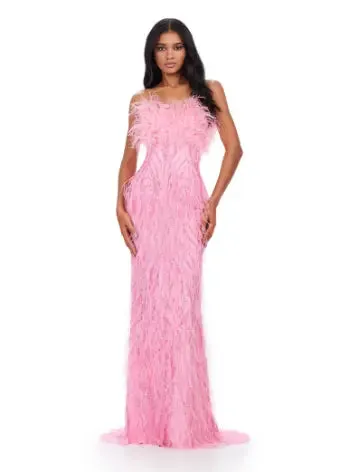 Ashley Lauren 11453 Long Prom Dress Strapless Fully Beaded Gown with Feathers Formal Pageant