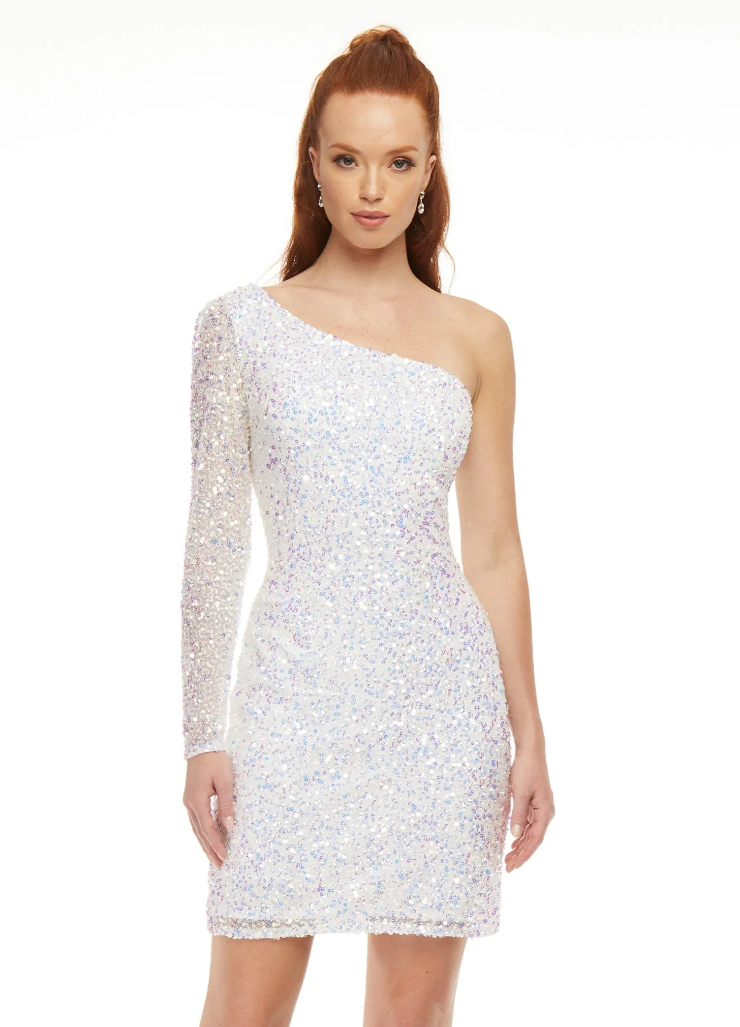 Ashley Lauren 4457 Size 8 Neon Blue Cocktail Dress One Shoulder Sheer Long Sleeve Fitted