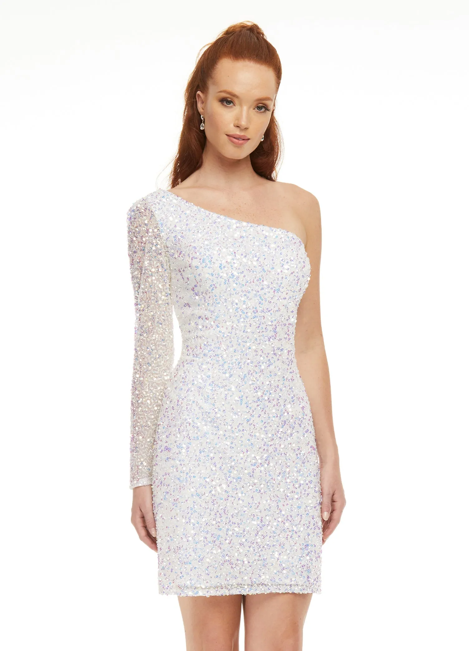 Ashley Lauren 4457 Size 8 Neon Blue Cocktail Dress One Shoulder Sheer Long Sleeve Fitted