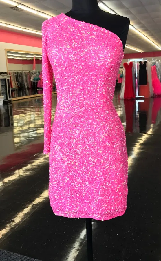 Ashley Lauren 4457 Size 8 Neon Blue Cocktail Dress One Shoulder Sheer Long Sleeve Fitted