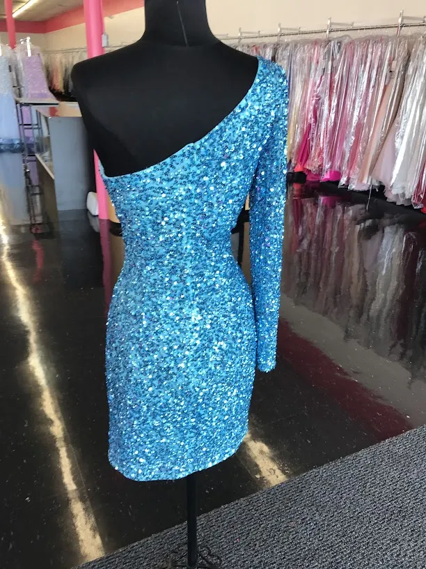 Ashley Lauren 4457 Size 8 Neon Blue Cocktail Dress One Shoulder Sheer Long Sleeve Fitted
