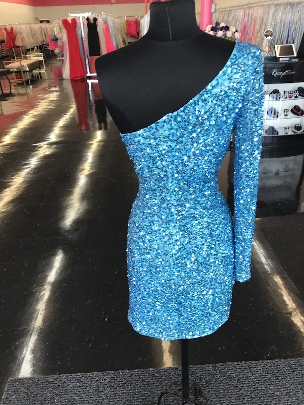 Ashley Lauren 4457 Size 8 Neon Blue Cocktail Dress One Shoulder Sheer Long Sleeve Fitted