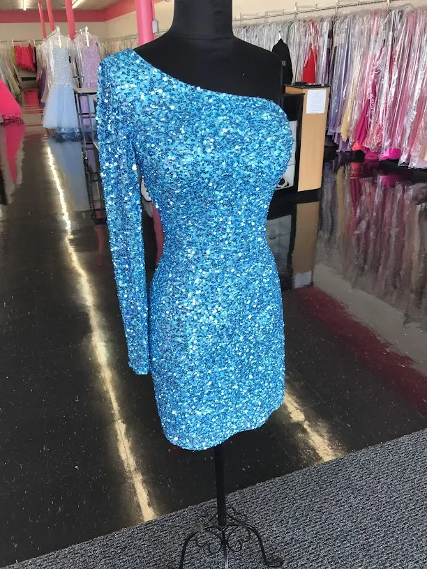Ashley Lauren 4457 Size 8 Neon Blue Cocktail Dress One Shoulder Sheer Long Sleeve Fitted
