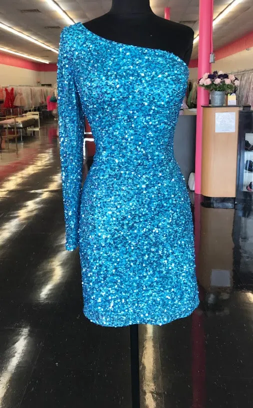 Ashley Lauren 4457 Size 8 Neon Blue Cocktail Dress One Shoulder Sheer Long Sleeve Fitted