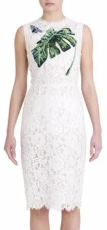 Banana-Leaf Embroidered Butterfly-Applique Lace Sleeveless Dress-White
