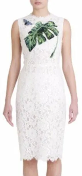 Banana-Leaf Embroidered Butterfly-Applique Lace Sleeveless Dress-White