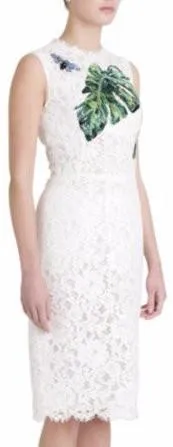Banana-Leaf Embroidered Butterfly-Applique Lace Sleeveless Dress-White