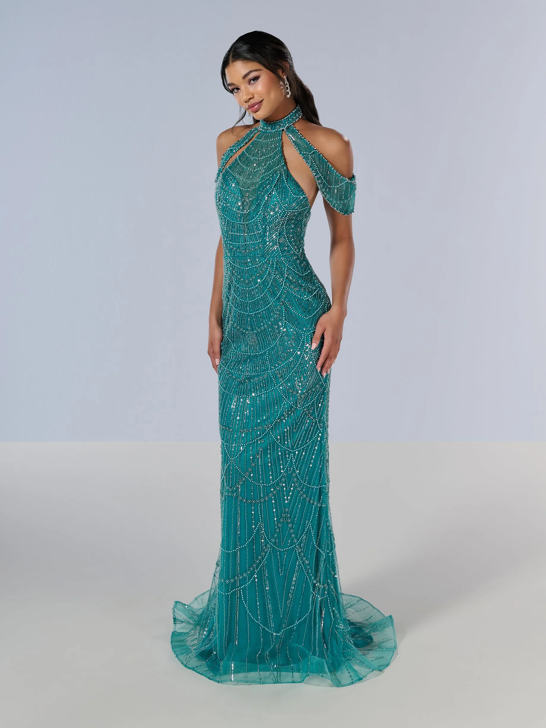 Beaded Fitted Cold Shoulder Gown by Tiffany Designs 16207