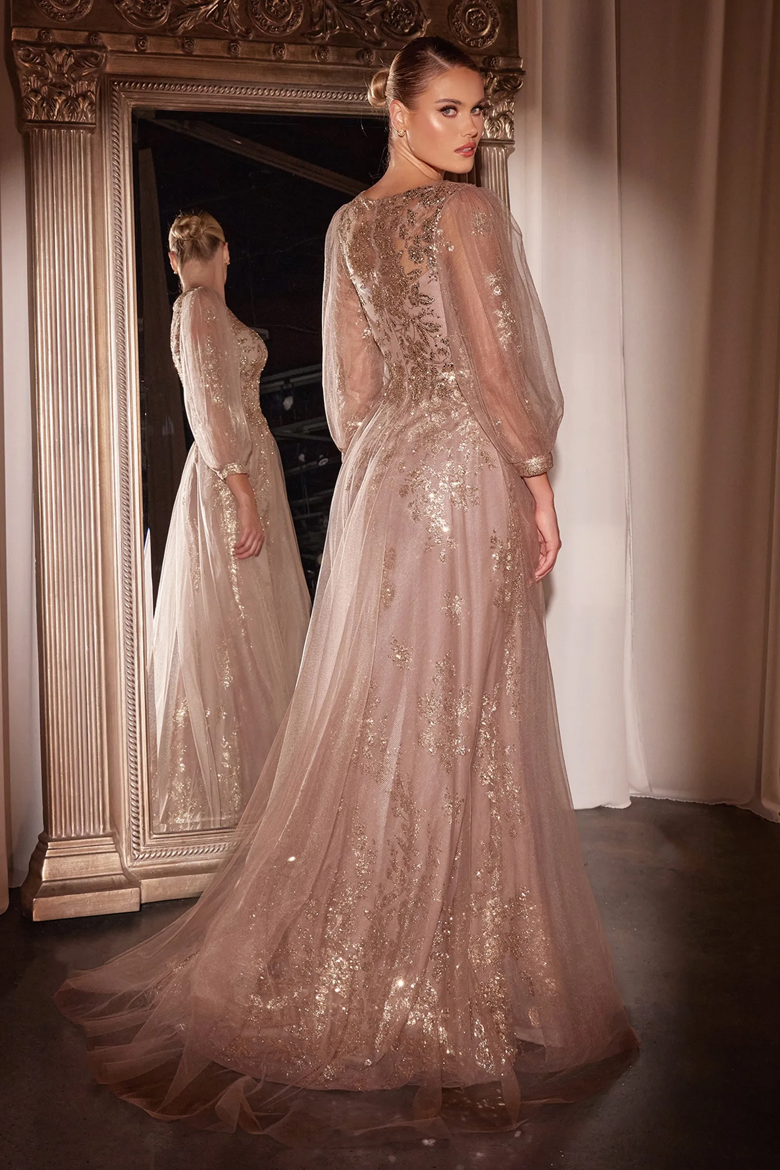 Beaded Long Sleeve A-line Gown by Ladivine CD0102 - Outlet