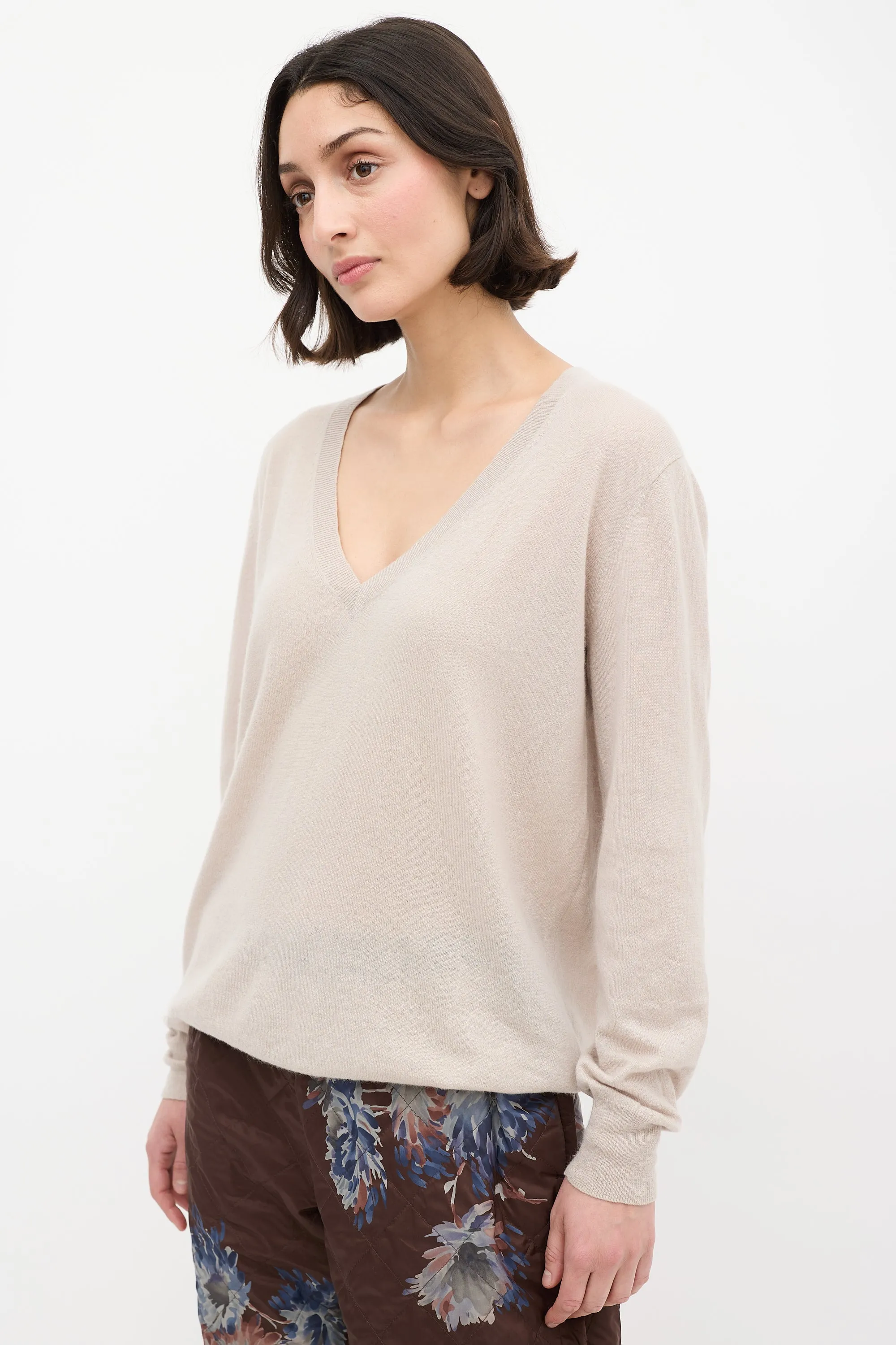 Beige Cashmere & Silk V-Neck Sweater