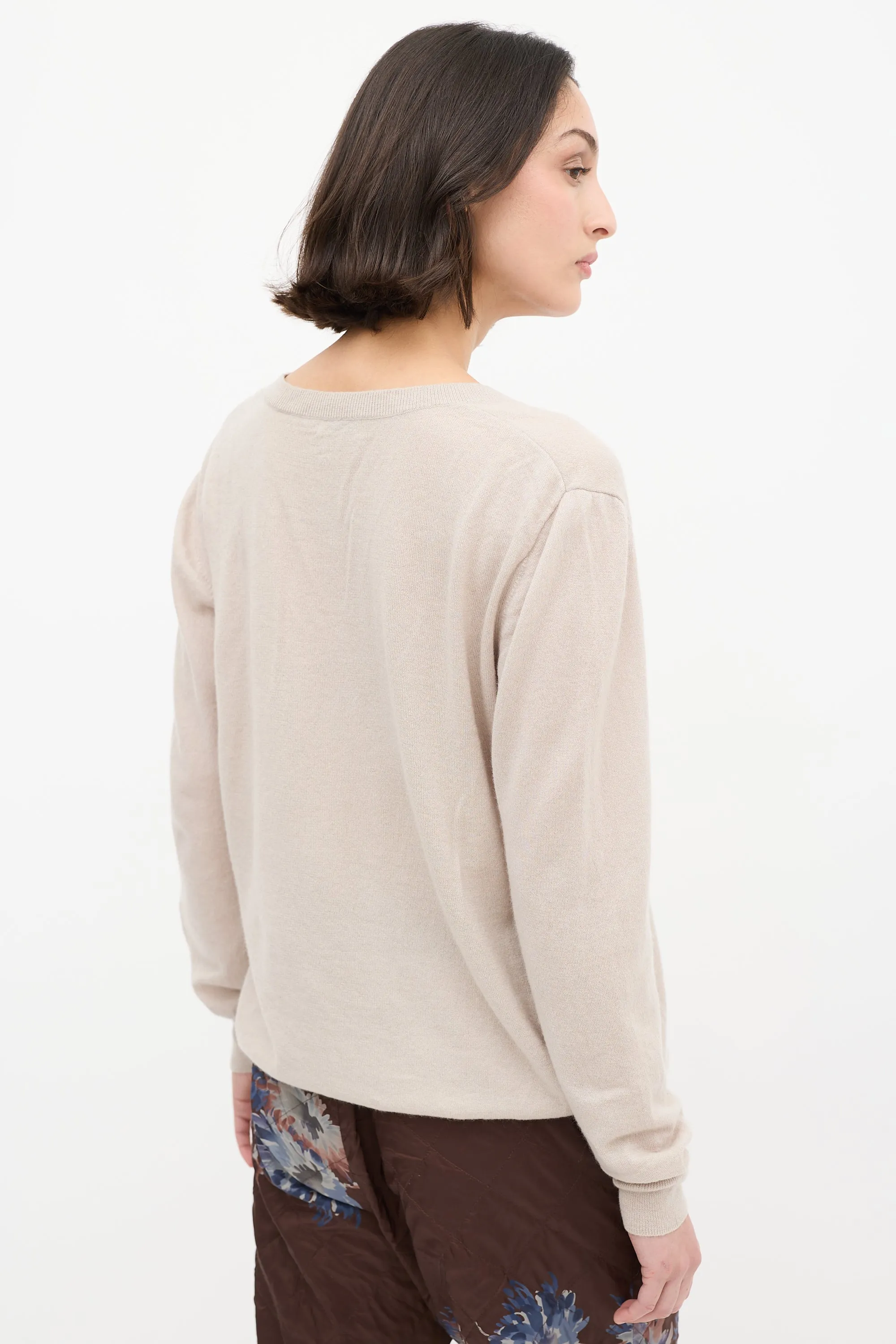 Beige Cashmere & Silk V-Neck Sweater