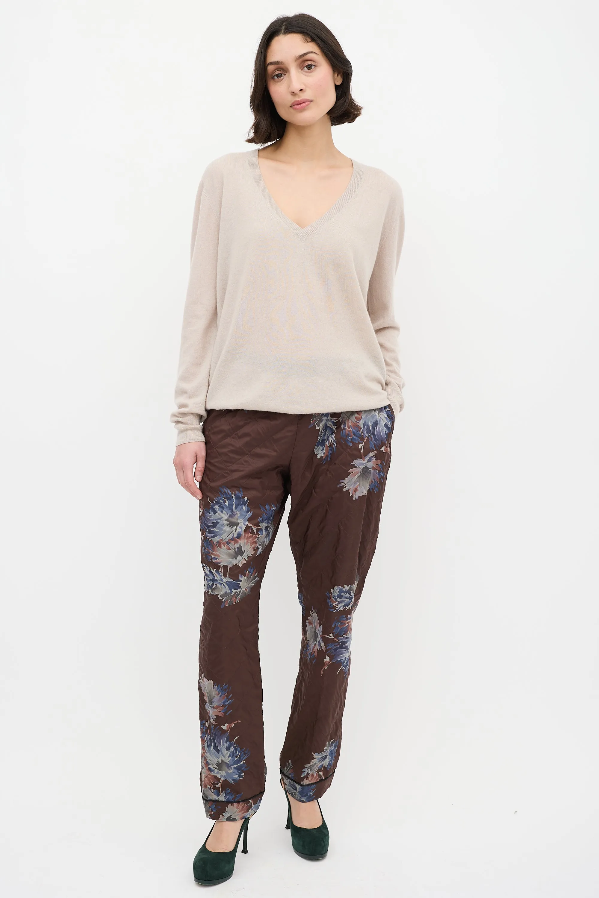 Beige Cashmere & Silk V-Neck Sweater