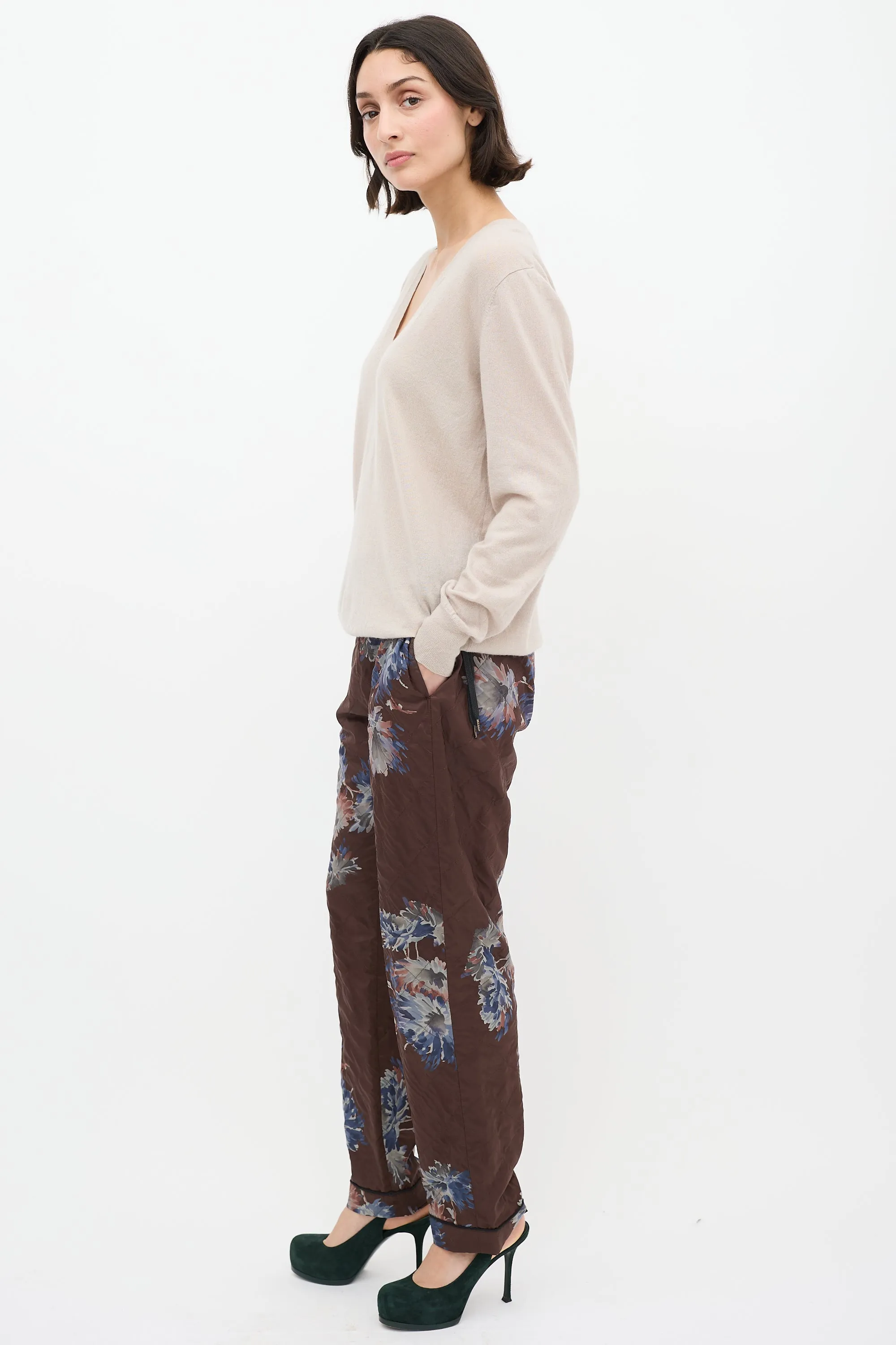 Beige Cashmere & Silk V-Neck Sweater