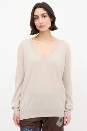 Beige Cashmere & Silk V-Neck Sweater