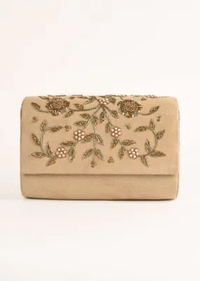 Beige Clutch In Suede With Zardosi Embroidered Floral Motifs Online - Kalki Fashion