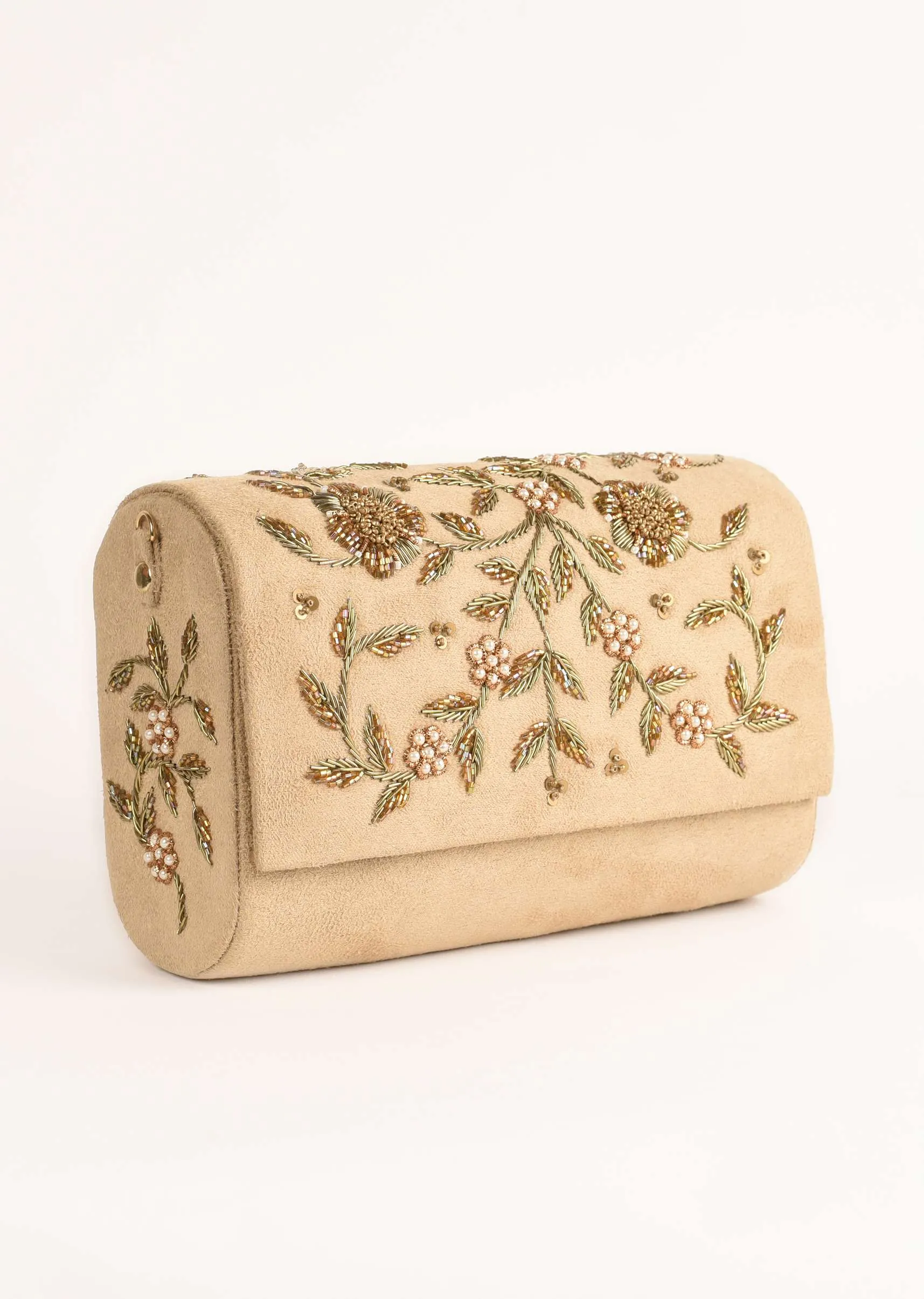 Beige Clutch In Suede With Zardosi Embroidered Floral Motifs Online - Kalki Fashion