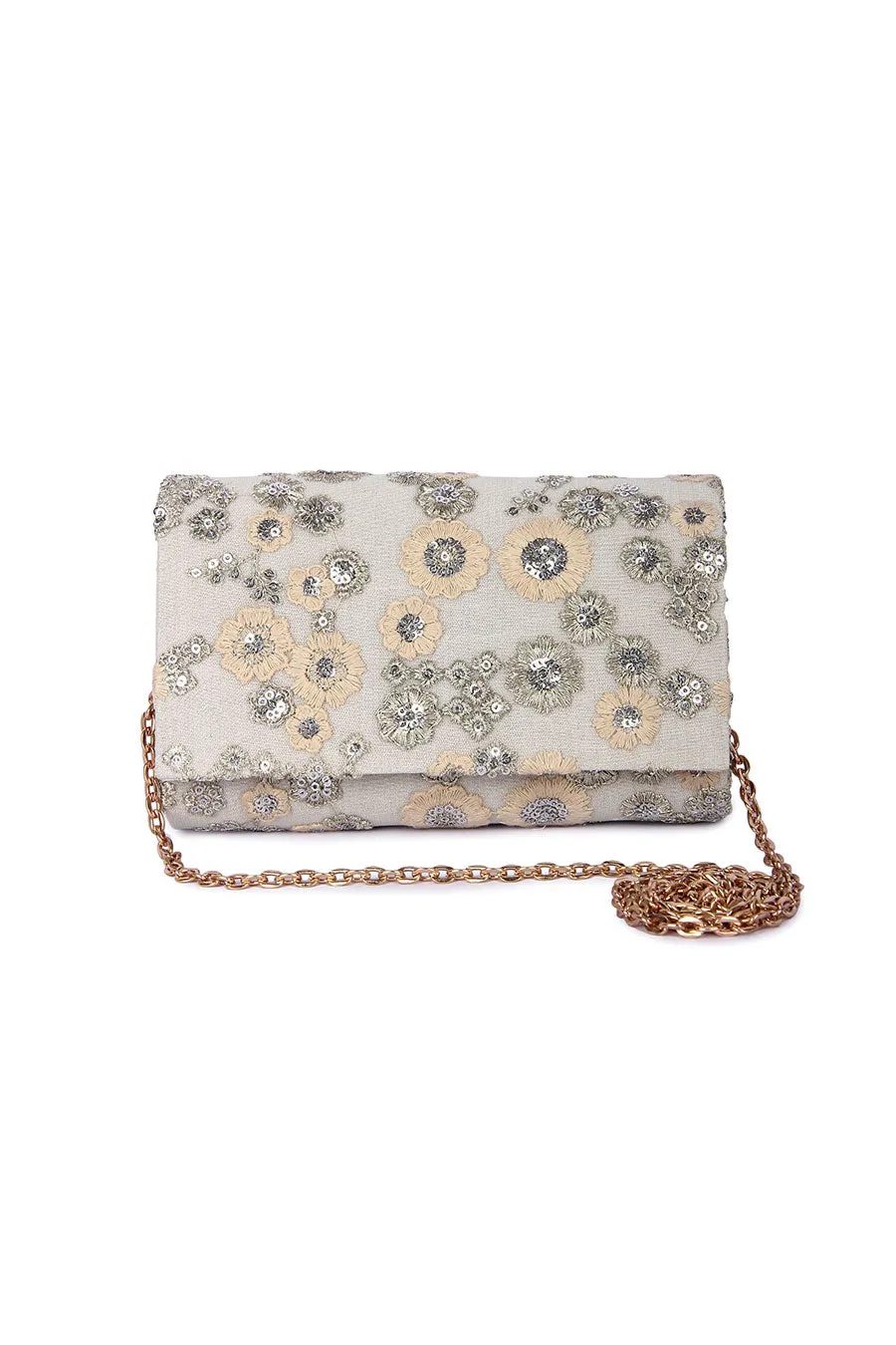 Beige Floral Embroidered Clutch