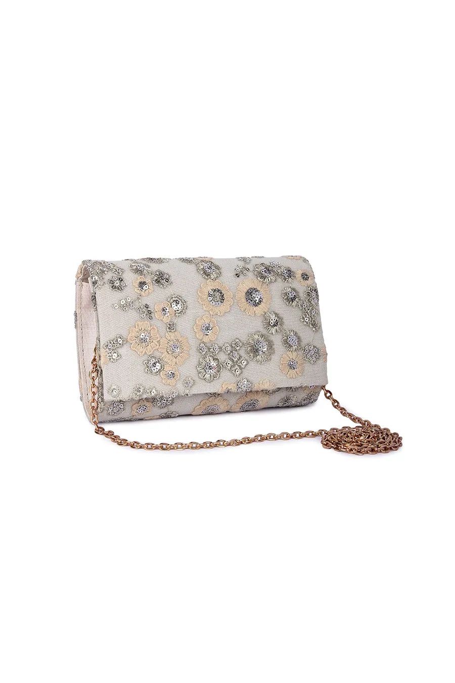 Beige Floral Embroidered Clutch
