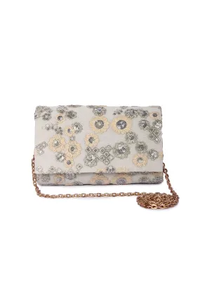 Beige Floral Embroidered Clutch