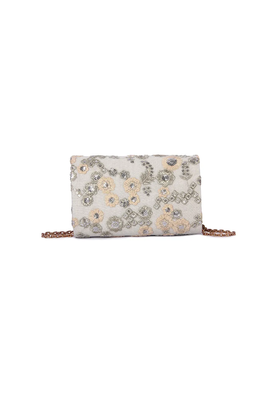 Beige Floral Embroidered Clutch