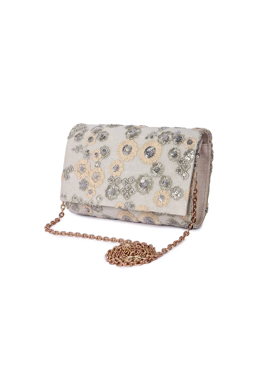 Beige Floral Embroidered Clutch