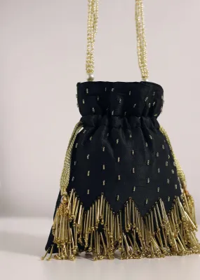 Black Embroidered Potli Bag With A Handworked Handle