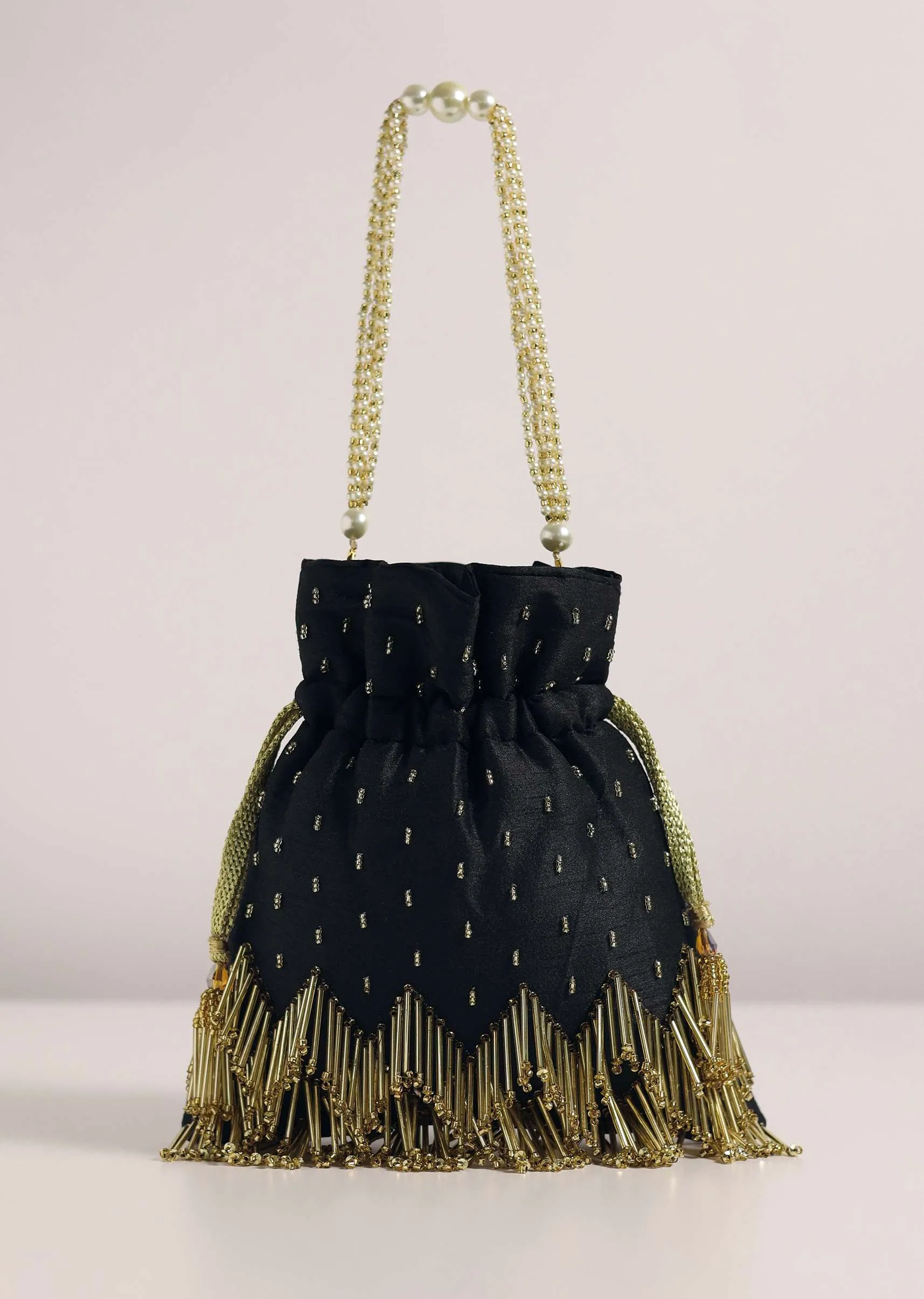 Black Embroidered Potli Bag With A Handworked Handle