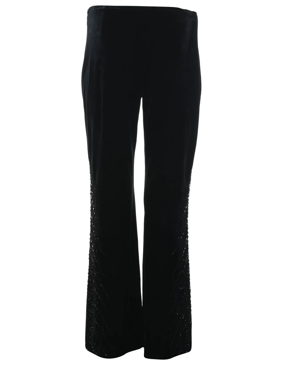 Black Flared Leg Sequins Velvet Trousers - W32 L32