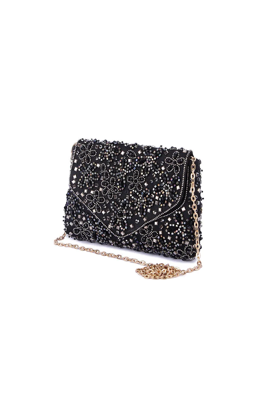 Black Floral Embroidered Clutch