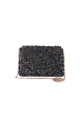 Black Floral Embroidered Clutch