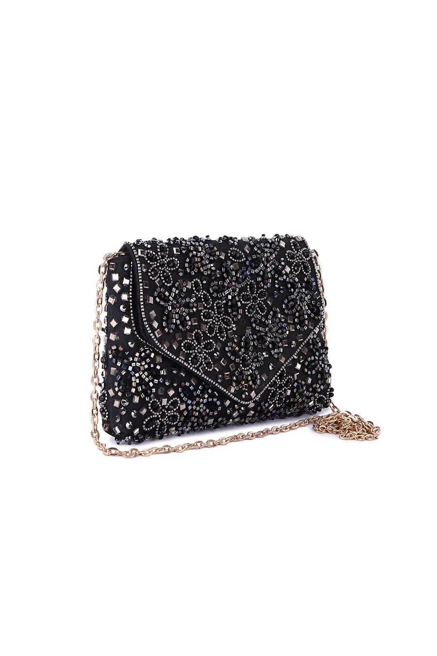 Black Floral Embroidered Clutch