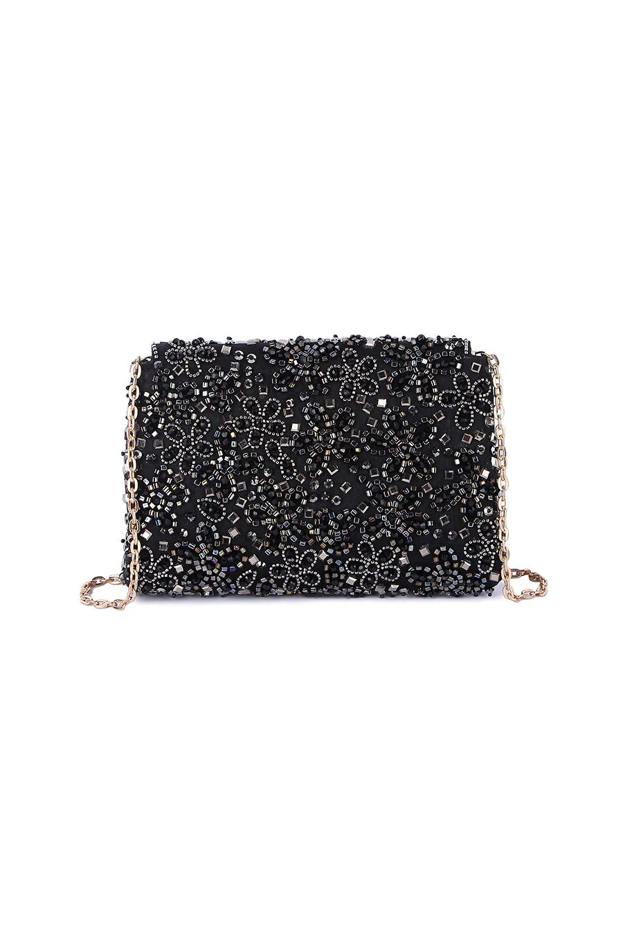 Black Floral Embroidered Clutch