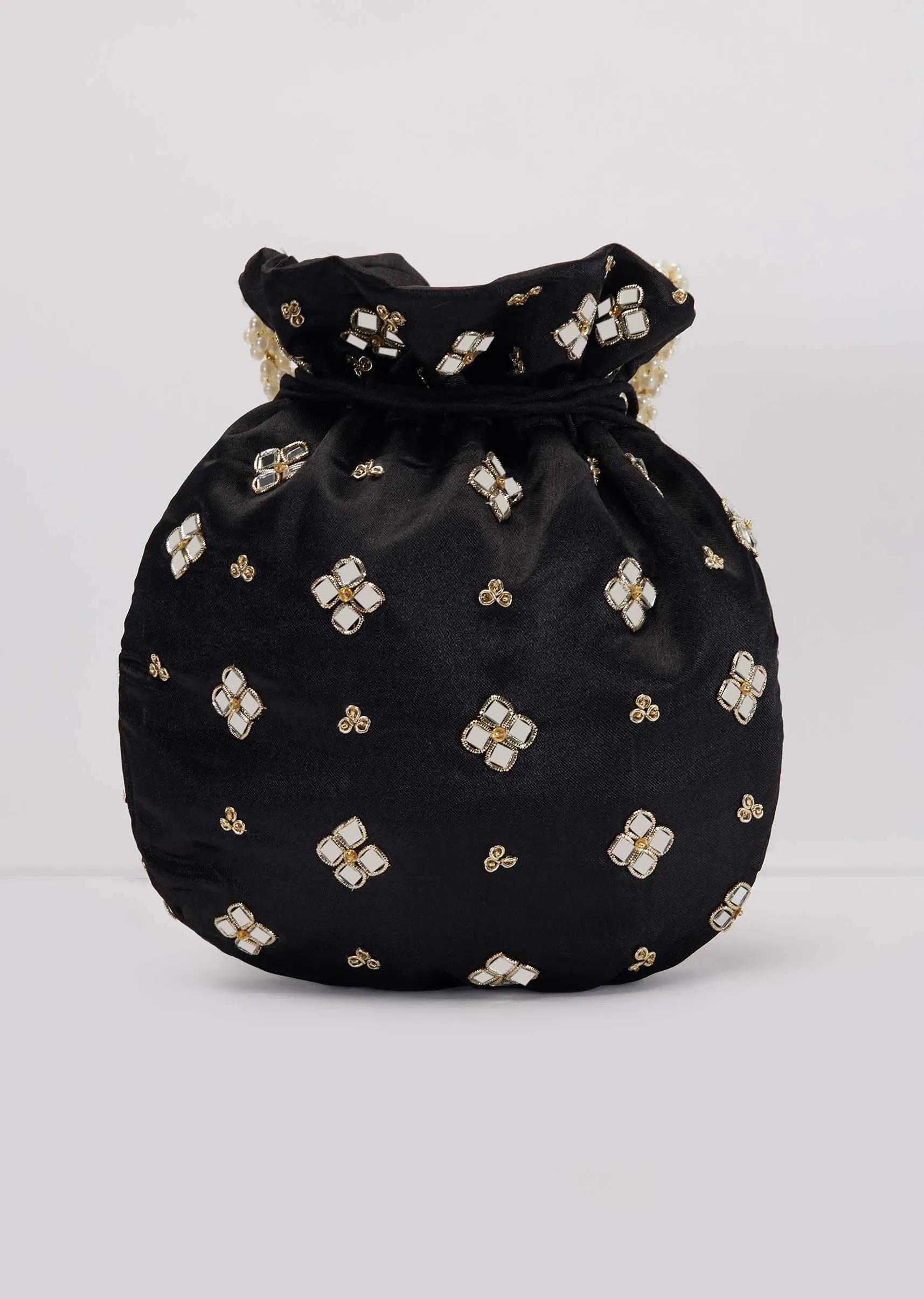 Black Mirror Work Silk Potli With Pearl Handle