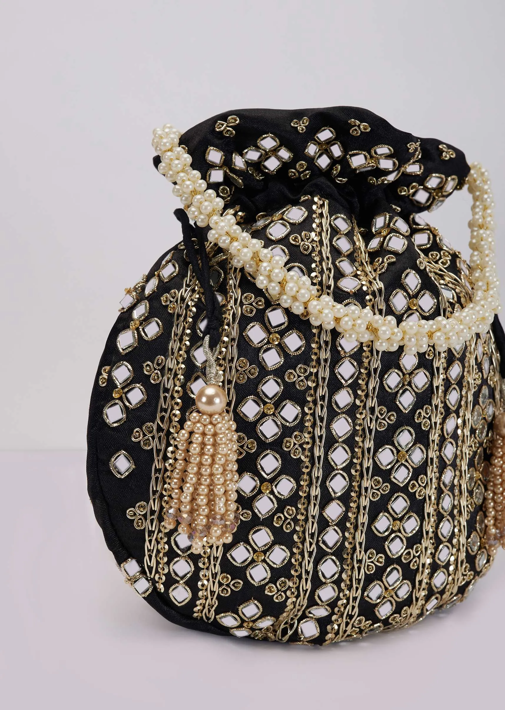 Black Mirror Work Silk Potli With Pearl Handle
