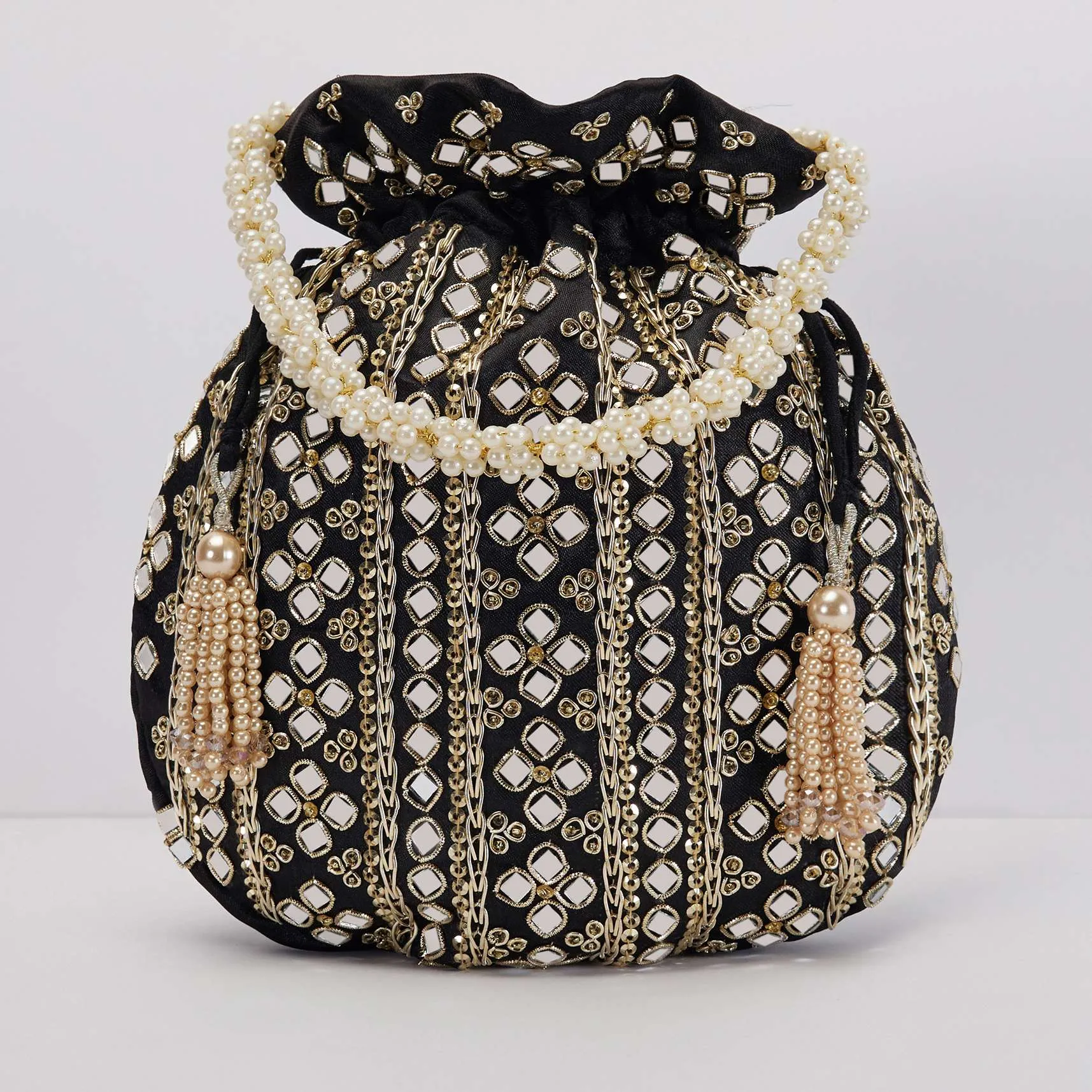Black Mirror Work Silk Potli With Pearl Handle