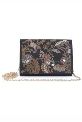 Black Mughal Empress Hand-Embroidered Clutch