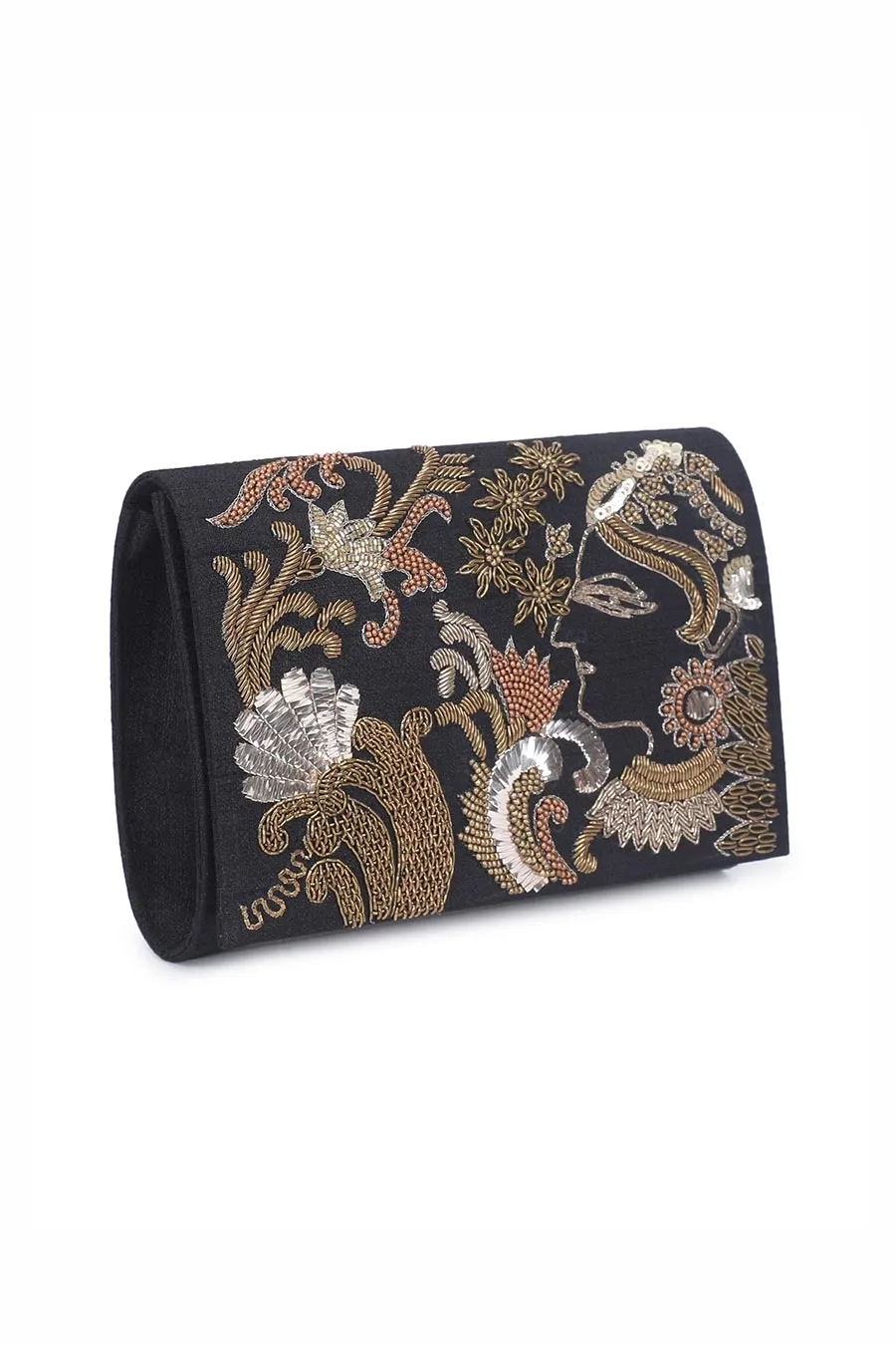 Black Mughal Empress Hand-Embroidered Clutch