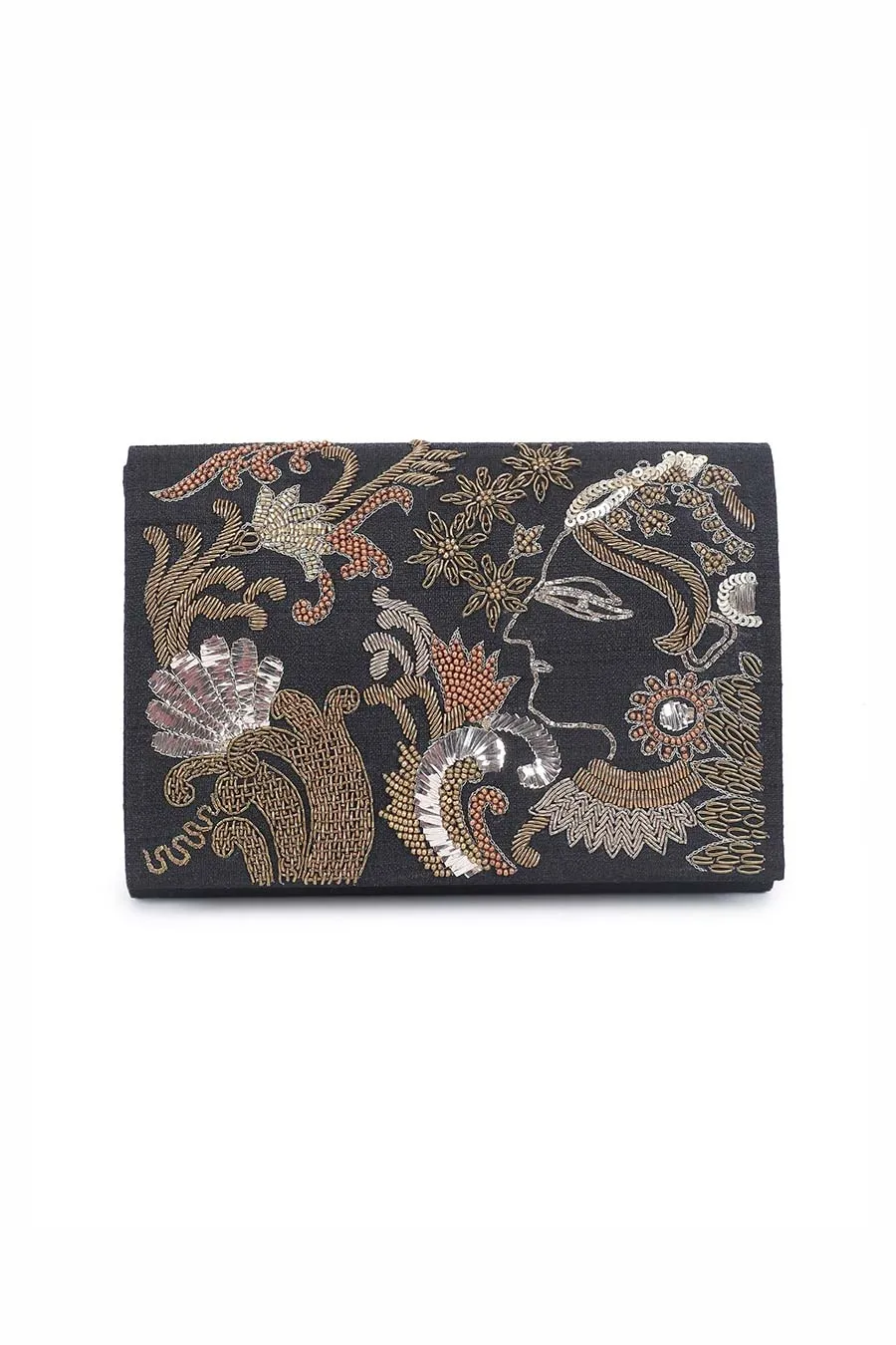 Black Mughal Empress Hand-Embroidered Clutch